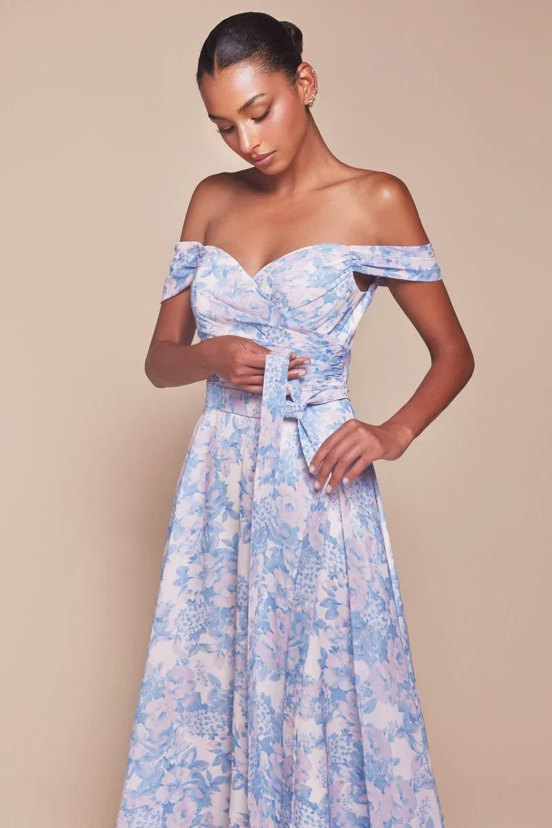 TILDA GOWN BLUE OFF THE SHOULDER FLORAL PRINTED A LINE DRESS