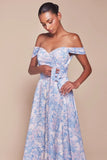 TILDA GOWN BLUE OFF THE SHOULDER FLORAL PRINTED A LINE DRESS