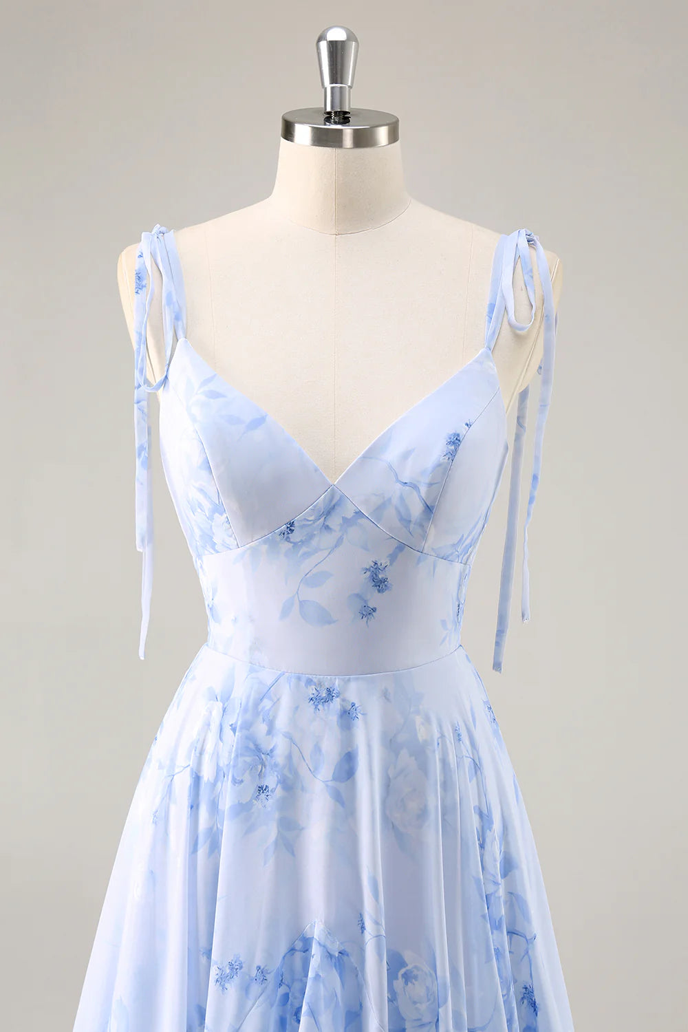 A Line Spaghetti Straps Long Blue Floral Bridesmaid Dress with Ruffles