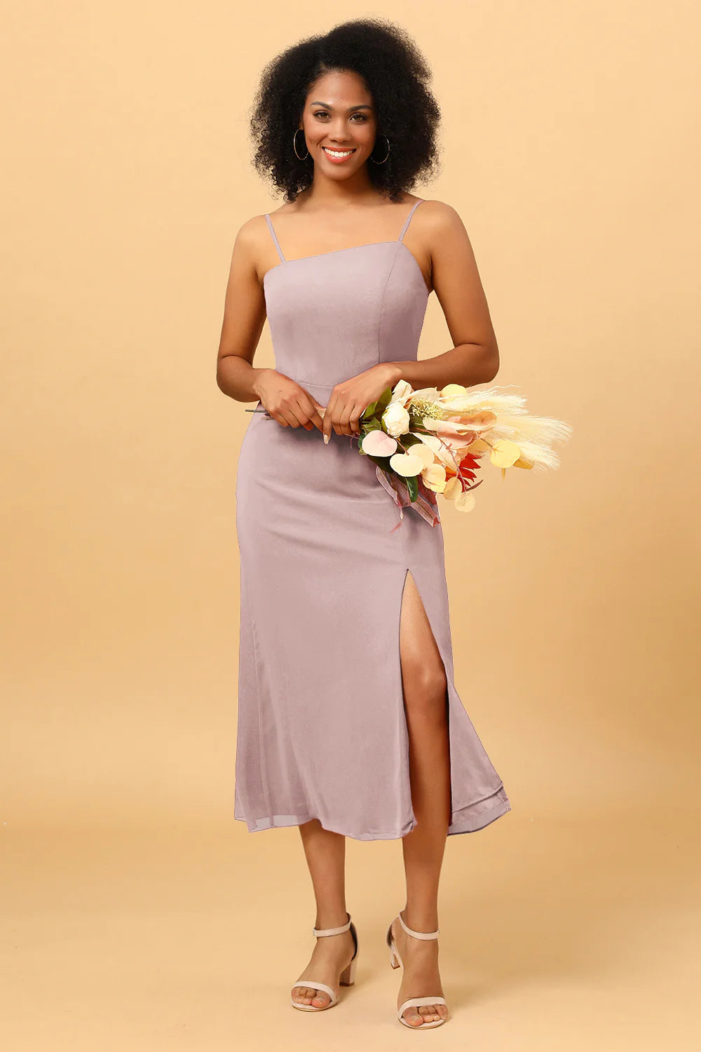 Sheath Spaghetti Straps Midi Chiffon Bridesmaid Dress with Slit