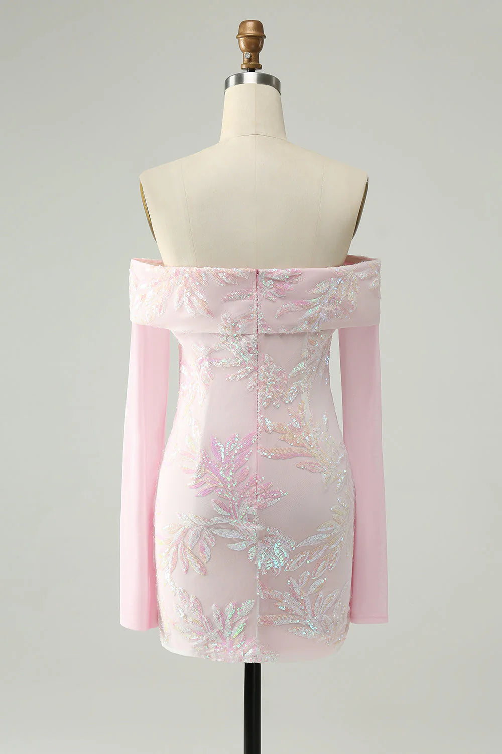 Cute Sparkly Bodycon Off The Shoulder Sequin Pink Homecoming Dress with Long Sleeves