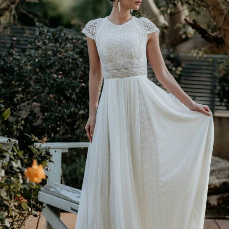 A Line Exquisite Lace Appliqued Cap Sleeves Wedding Dress