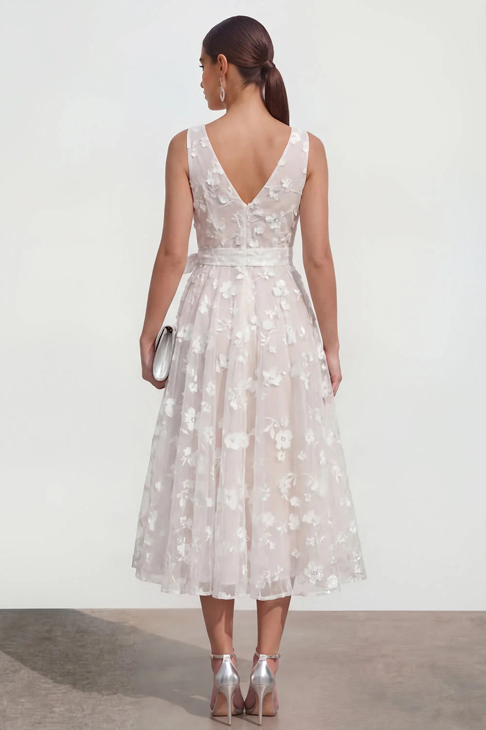 Blue Floral A Line Midi Wedding Guest Dress with Bow