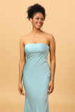 Sky Blue Mermaid Strapless Floor Length Satin Bridesmaid Dress with Open Back
