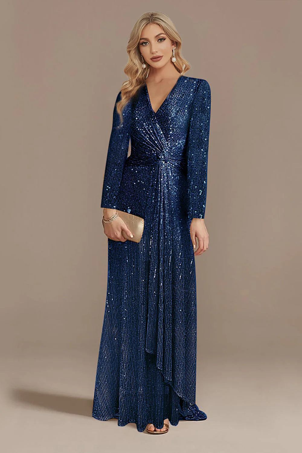 Sparkly Navy A Line V Neck Mother Of Bride Dress with Long Sleeves