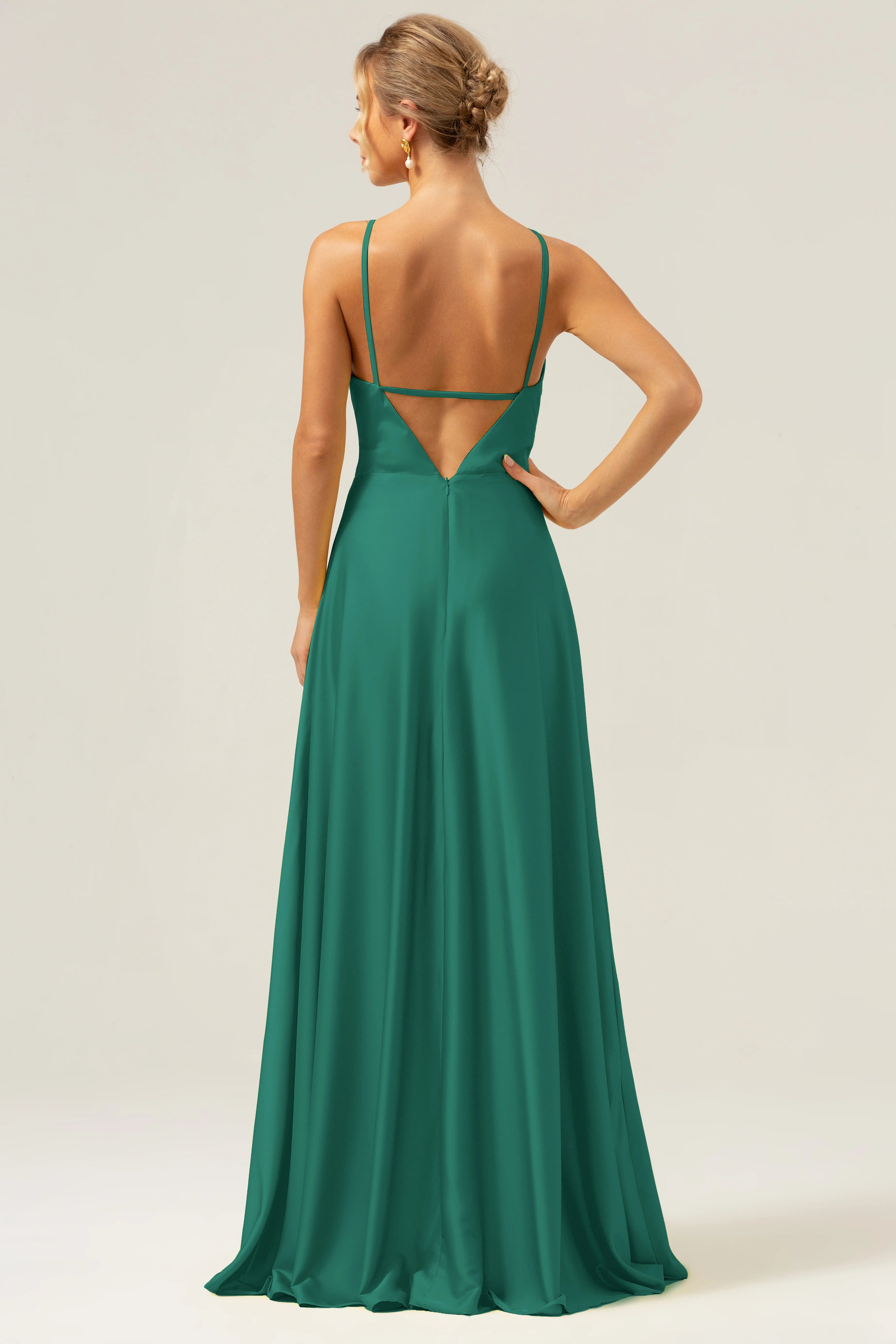 A Line Halter Ruched Satin Open Back Long Bridesmaid Dress with Flower