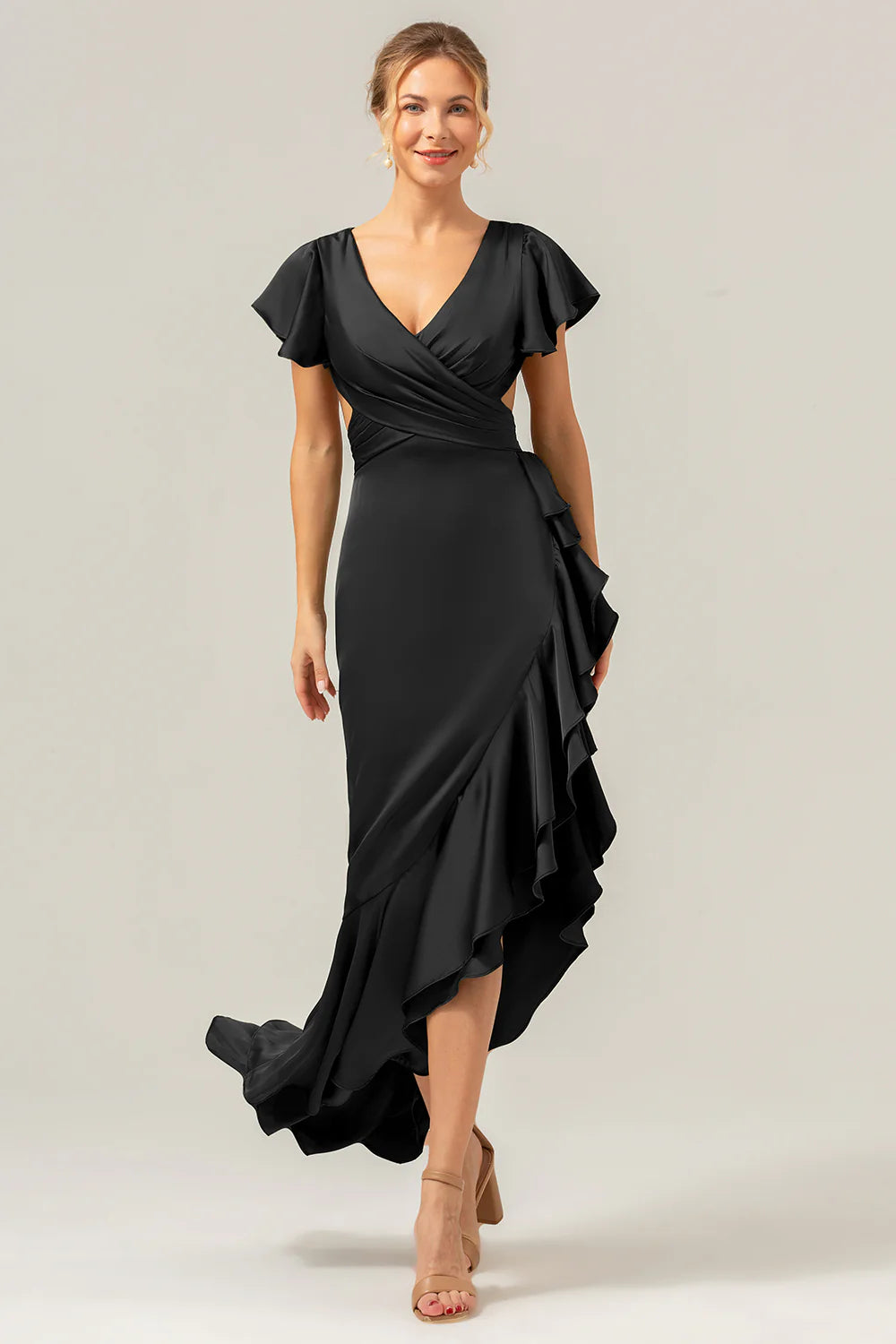 A Line V Neck Asymmetrical Olive Bridesmaid Dress with Ruffle Slit