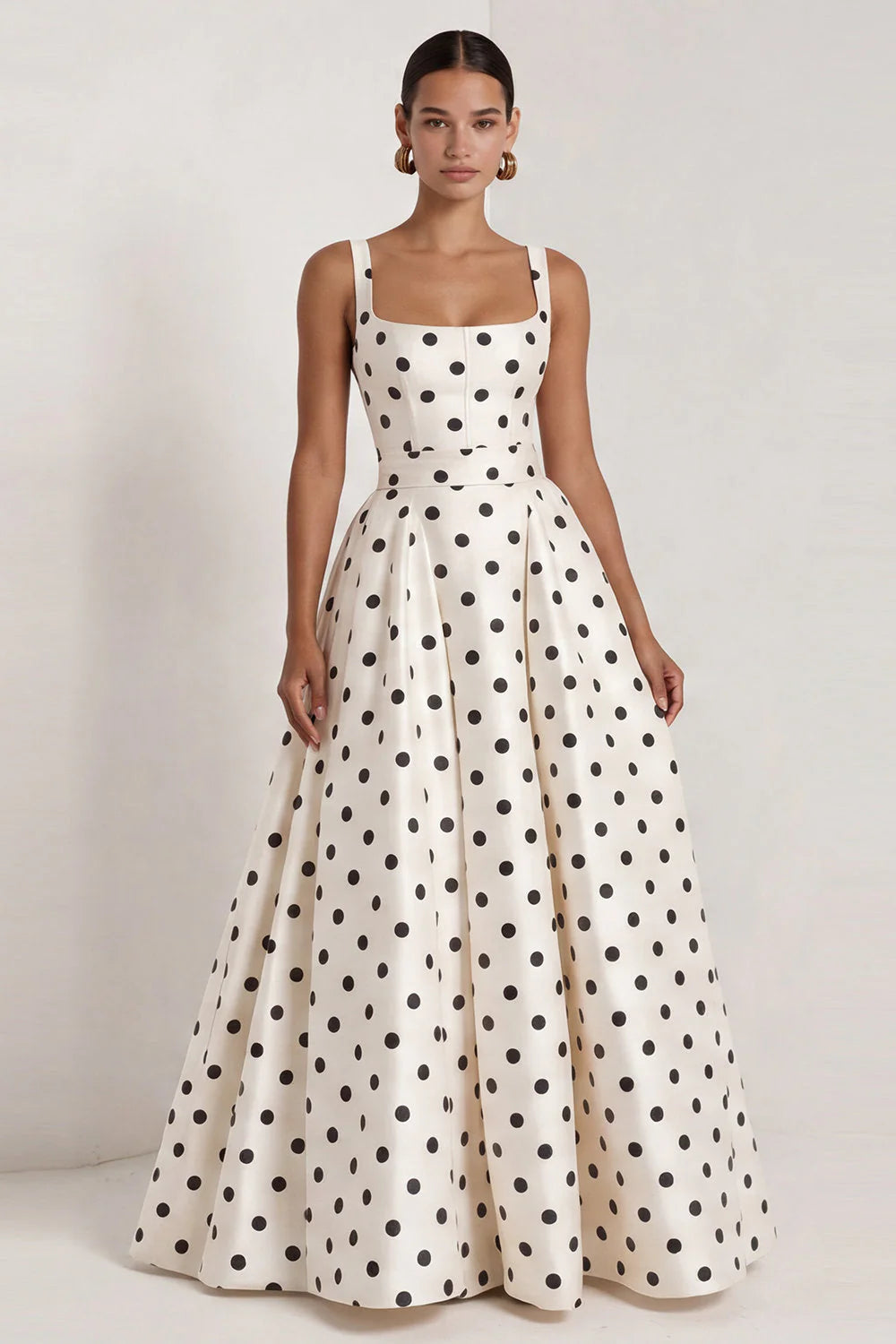Black A Line Polka Dot Maxi Formal Dress with Bow