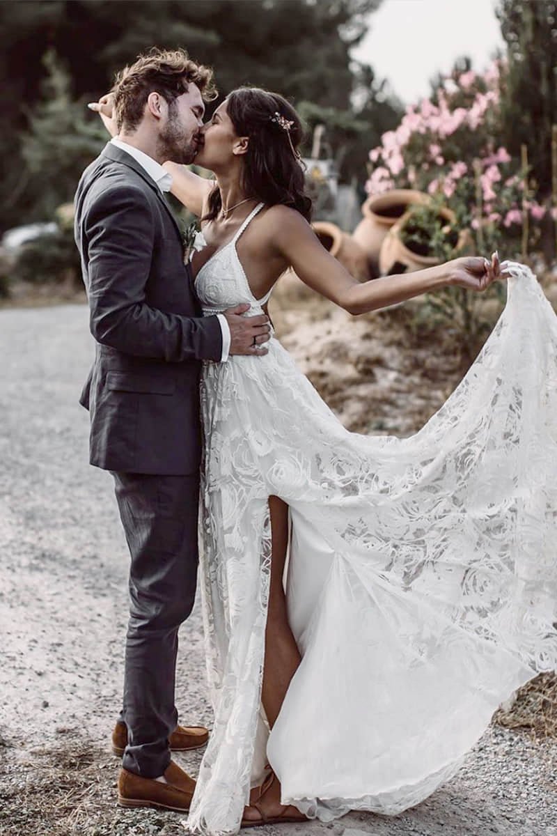 Luxury Lace Chic Halter A Line Bohemian Wedding Dress with Slit Bridal Gowns