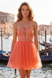 Orange Embroidered A Line Strapless Short Homecoming Dress