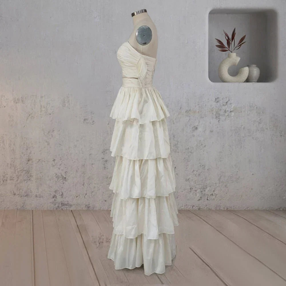 A Line Beige Multi Tiered Ruffles Wedding Dresses