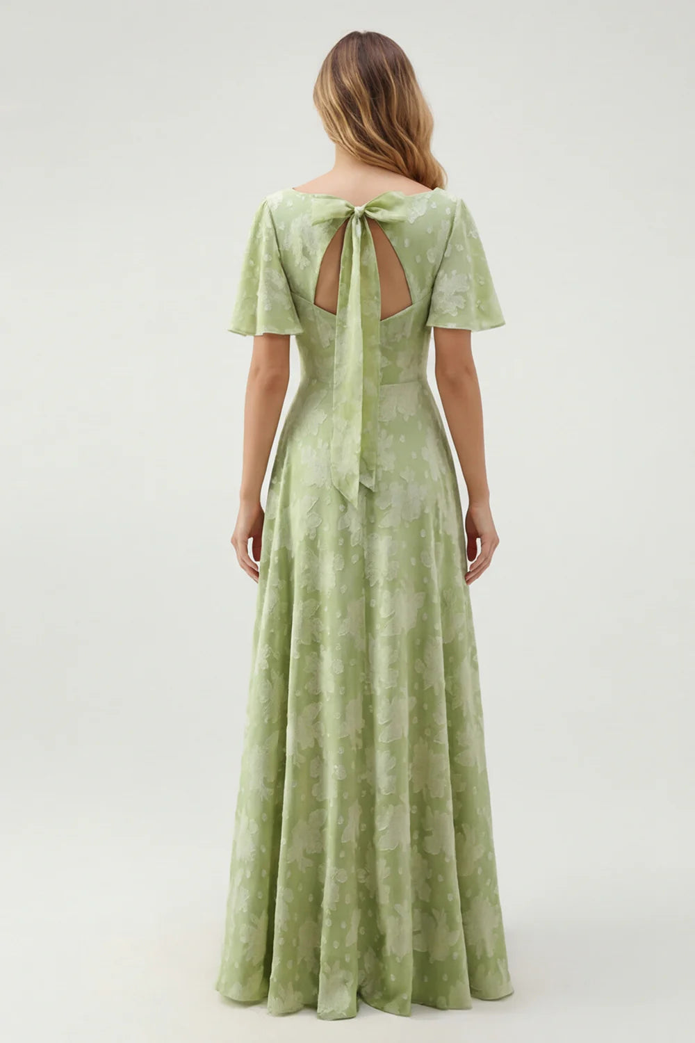 A Line Sage Green Floral Jacquard Flutter Sleeves Maxi Dress with Bow Back
