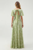 A Line Sage Green Floral Jacquard Flutter Sleeves Maxi Dress with Bow Back