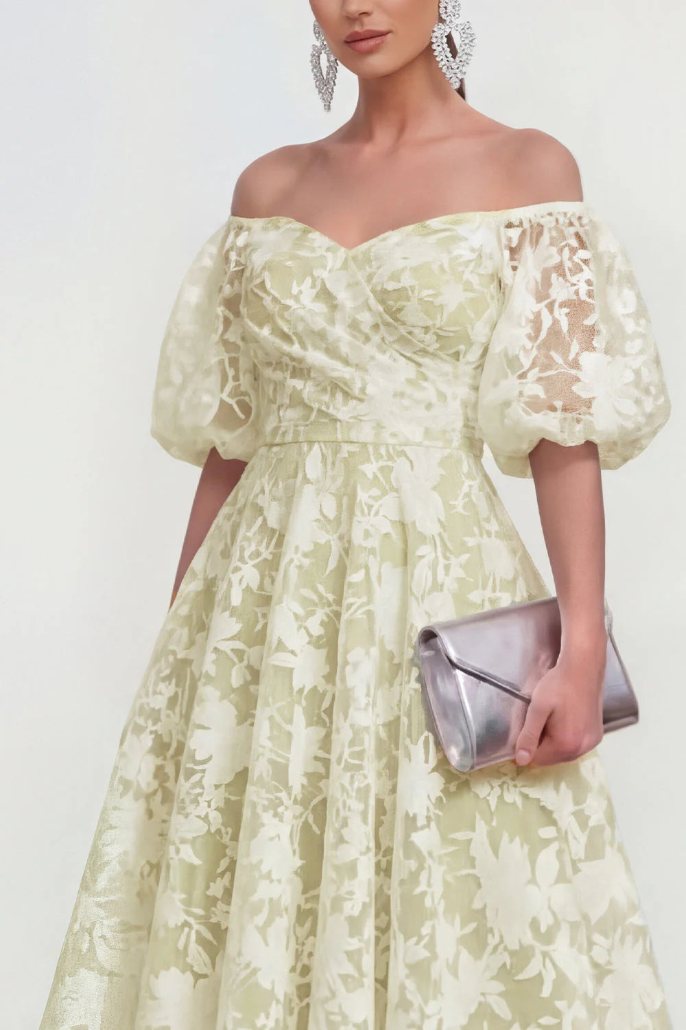 Floral Pink Off the Shoulder A Line Midi Wedding Guest Dress