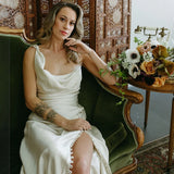 Cowl Neck Ivory Sheath Satin Wedding Dresses with Button Slit