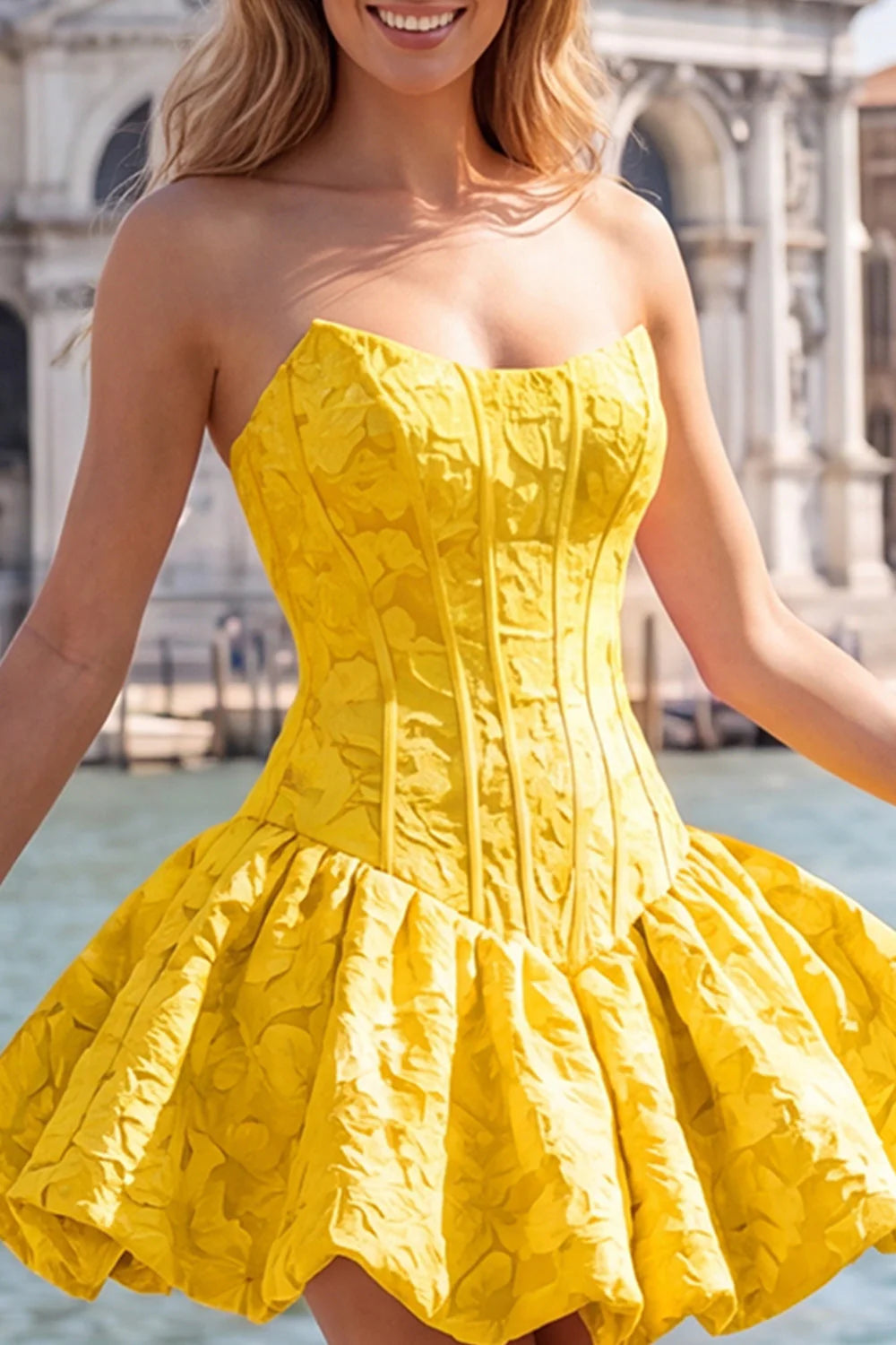 Yellow Strapless A Line Jacquard Corset Homecoming Dress