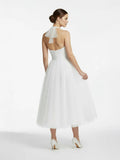 Halter A Line Tea Length Tulle Wedding Dress With Ruching