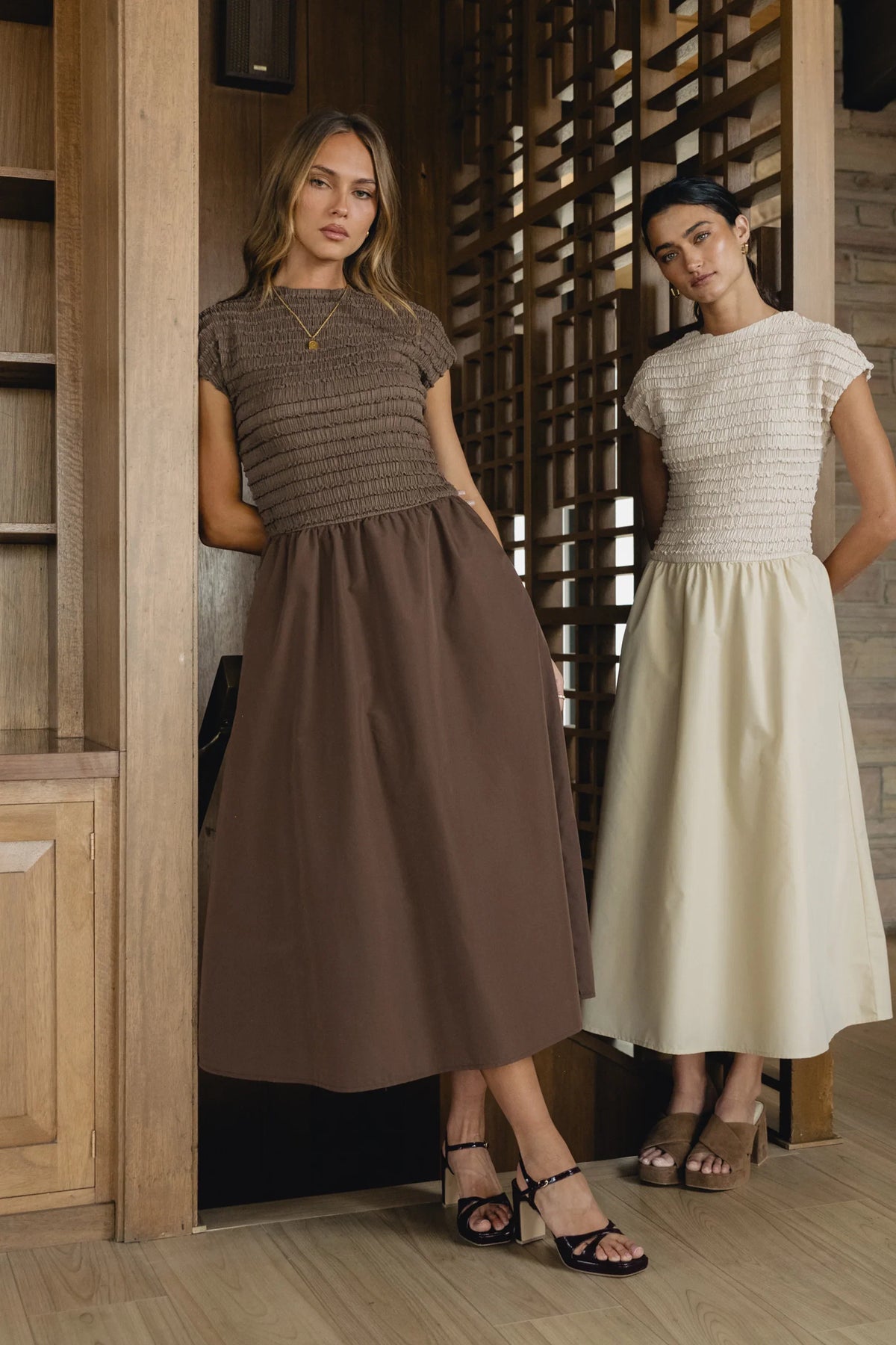 Lorie Mixed Media Maxi Dress in Brown