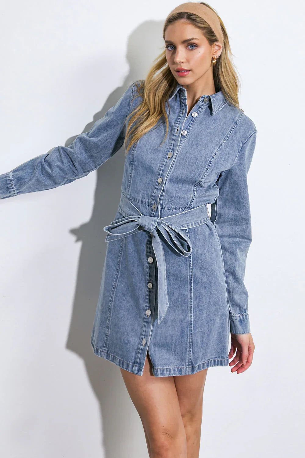 BE A LIGHT LONG SLEEVE DENIM MINI SHIRT DRESS