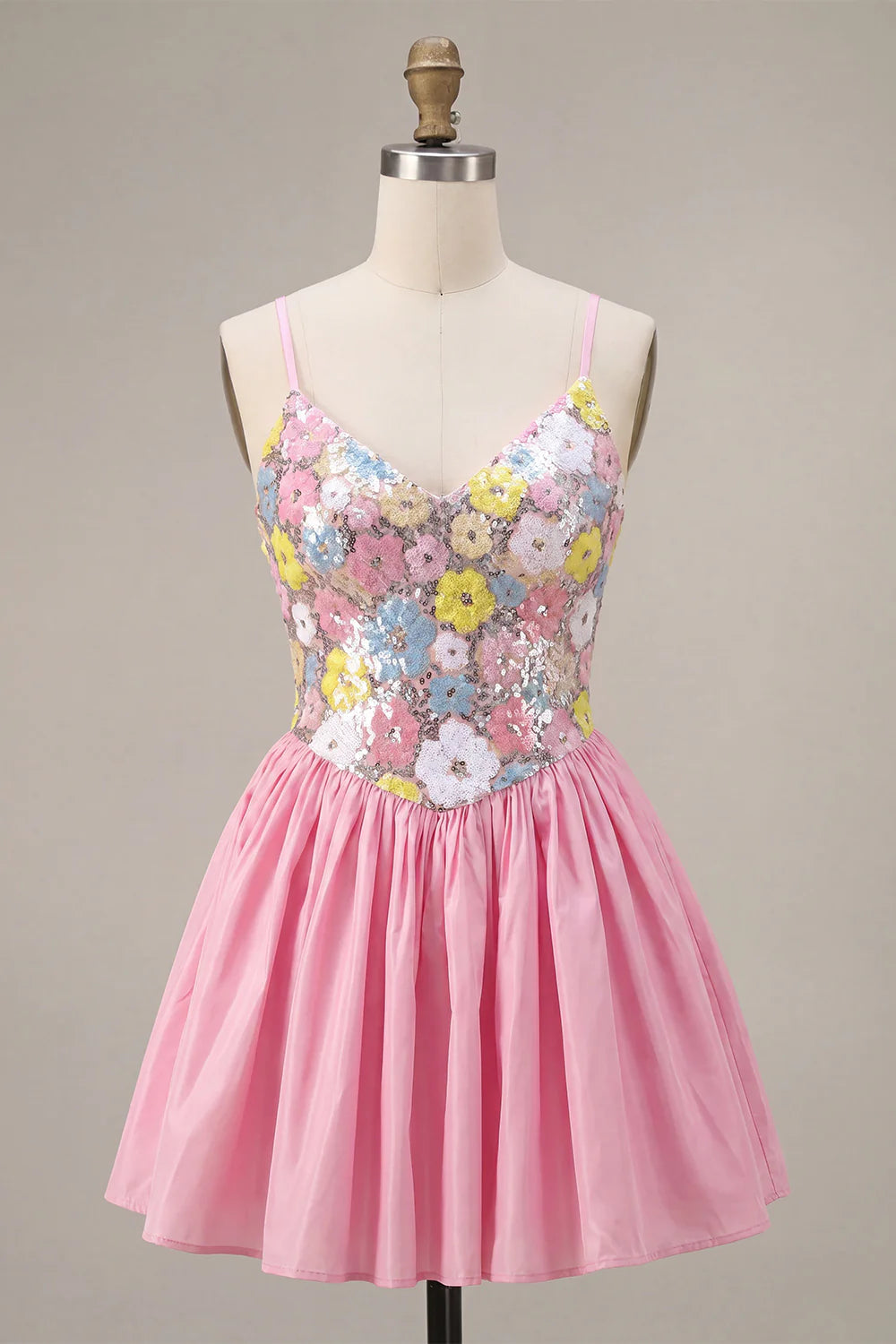 Sparkly Pink Floral A Line Short Homecoming Dress