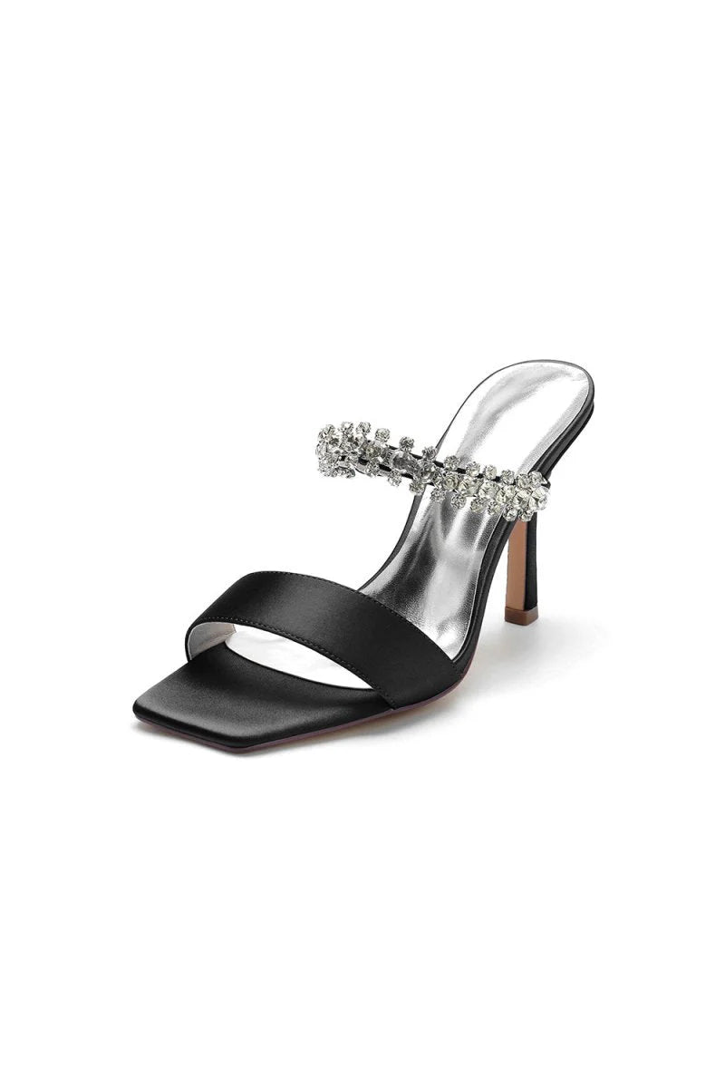Square Open Toe Rhinestone Strappy Satin Stiletto Heels