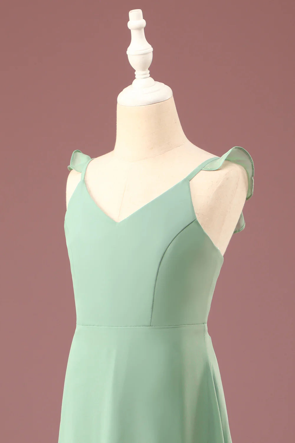A line Long Chiffon Matcha V neck Spaghetti Straps Junior Bridesmaid Dress