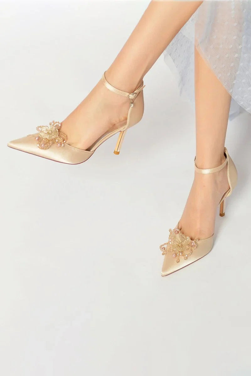 Pointed Toe Crystal Flower Ankle Strap Stiletto Heels