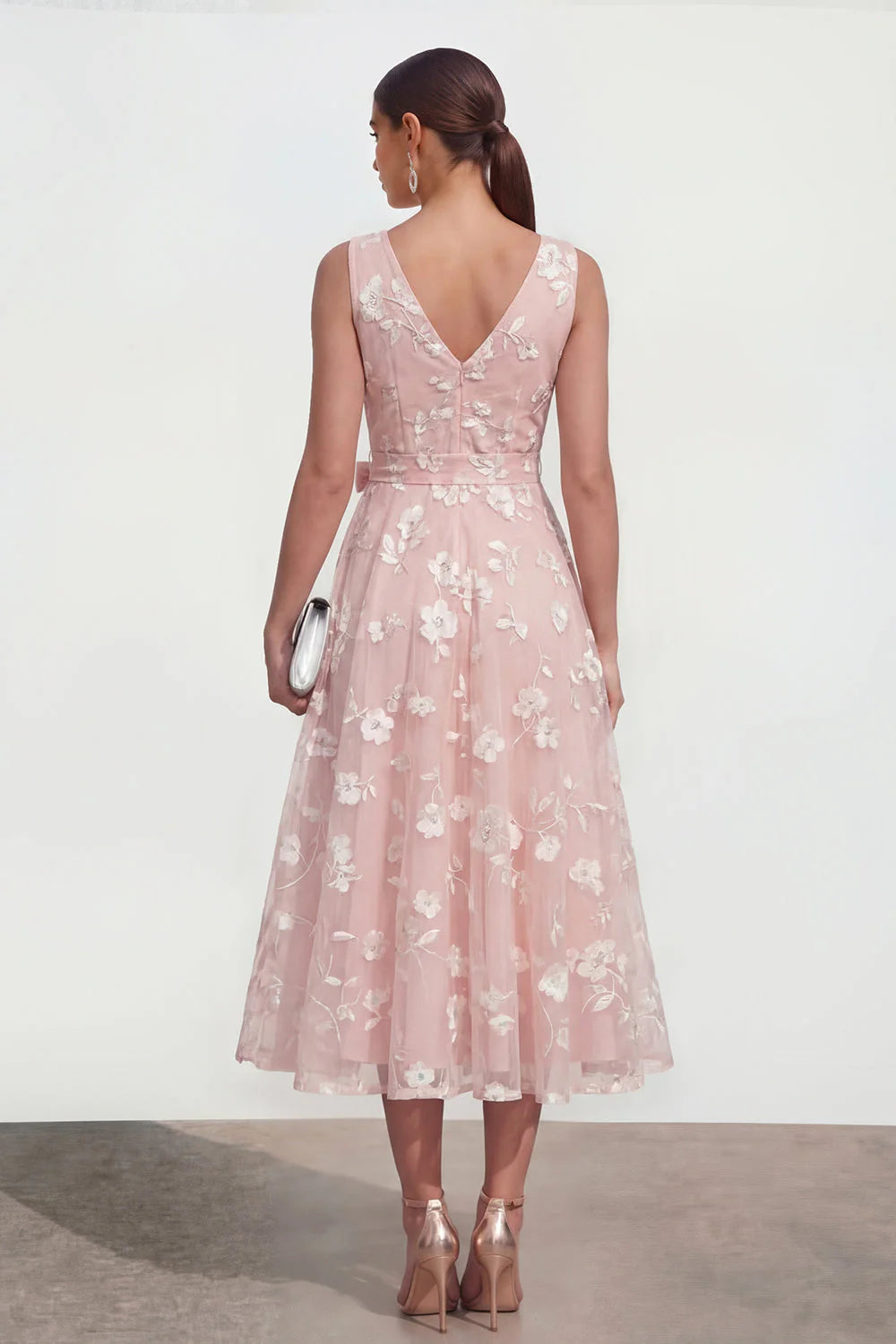 Blue Floral A Line Midi Wedding Guest Dress with Bow