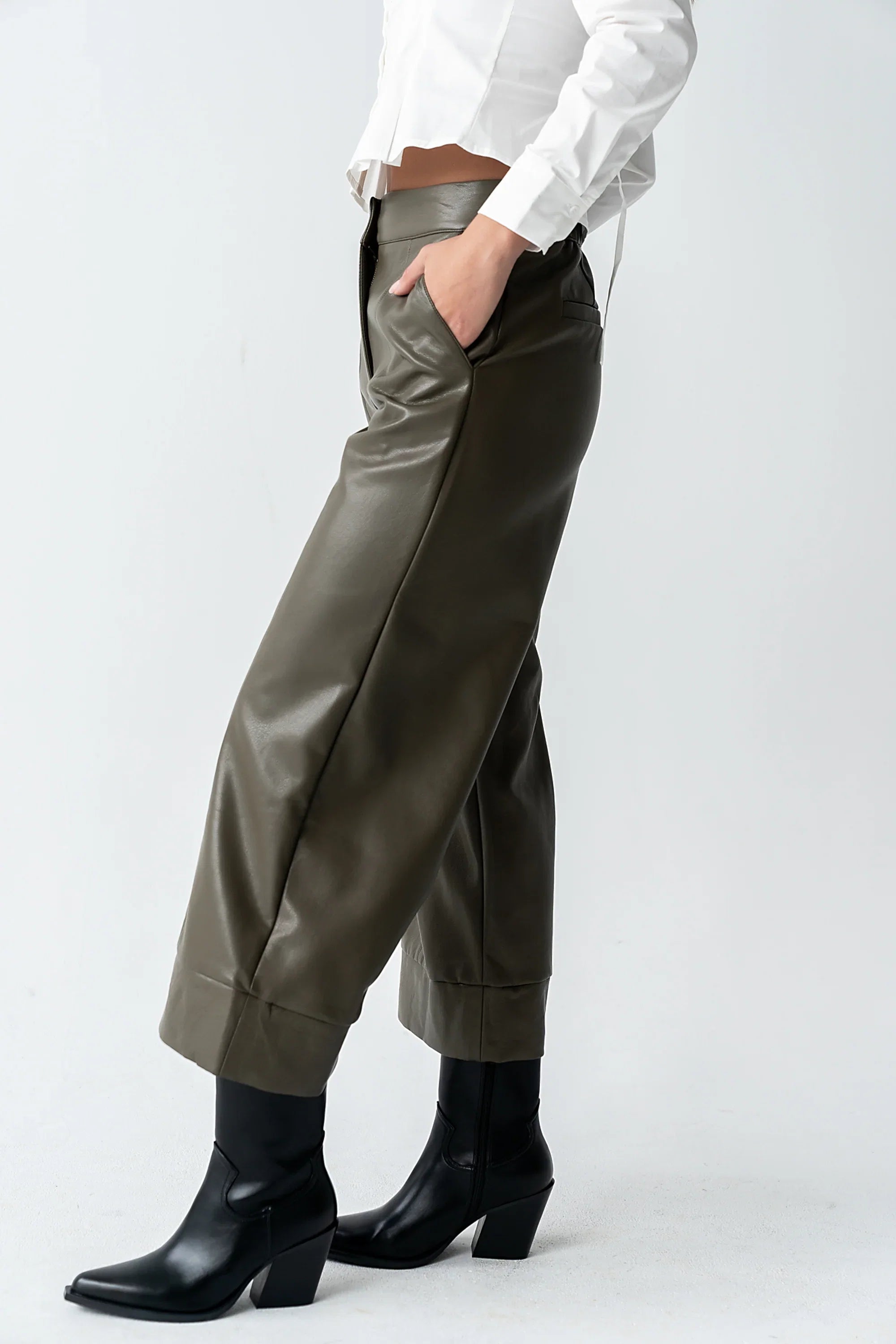 Ulani Vegan Leather Pants in Olive FINAL SALE