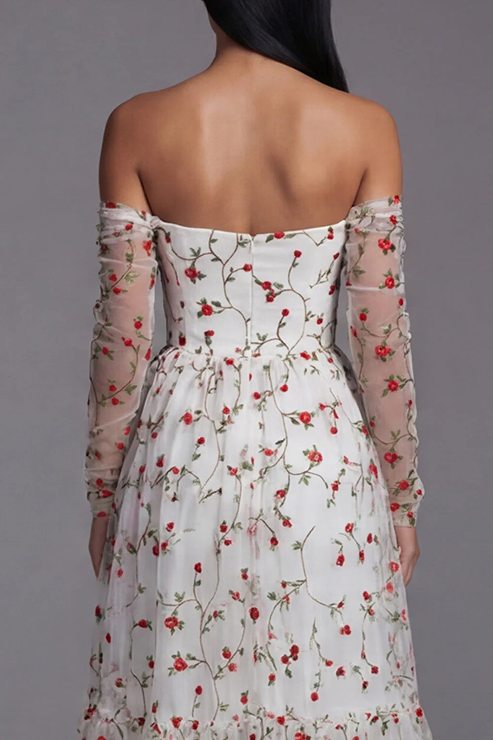 Off the Shoulder Ivory Floral A Line Wedding Guest Dress