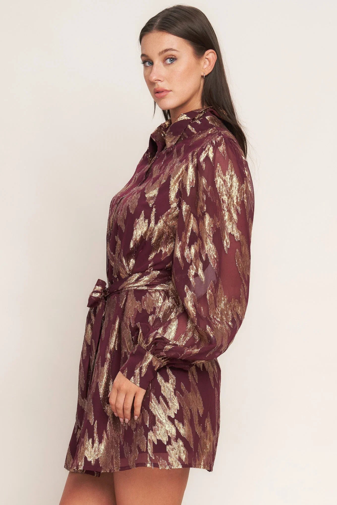 METALLIC MUSE BURGUNDY LONG SLEEVE MINI DRESS FINAL SALE