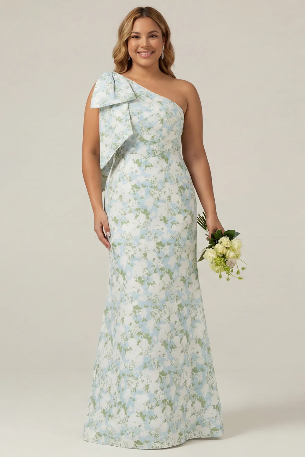 Blue White Flower Mermaid One Shoulder Print Long Bridesmaid Dress with Bow