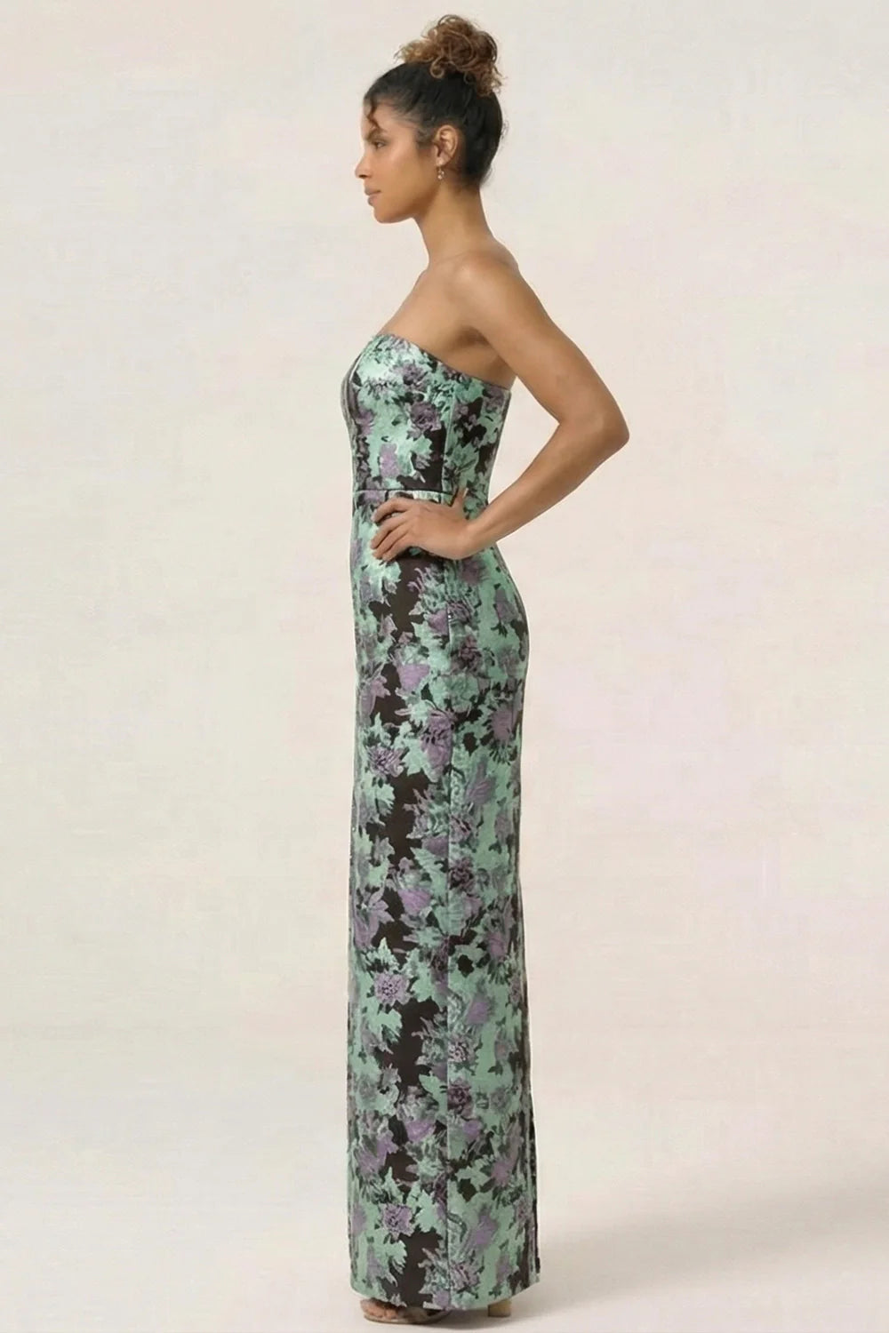 Blue Sheath Strapless White Floral Back Slit Satin Maxi Dress with Pockets