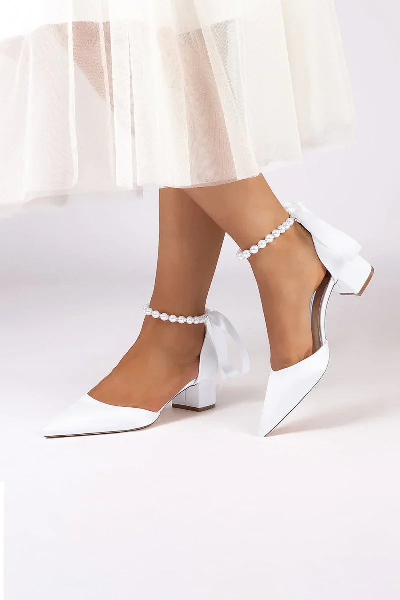 Pointed Toe Satin Pearl Ankle Strap Block Heels With Ribbon Tie