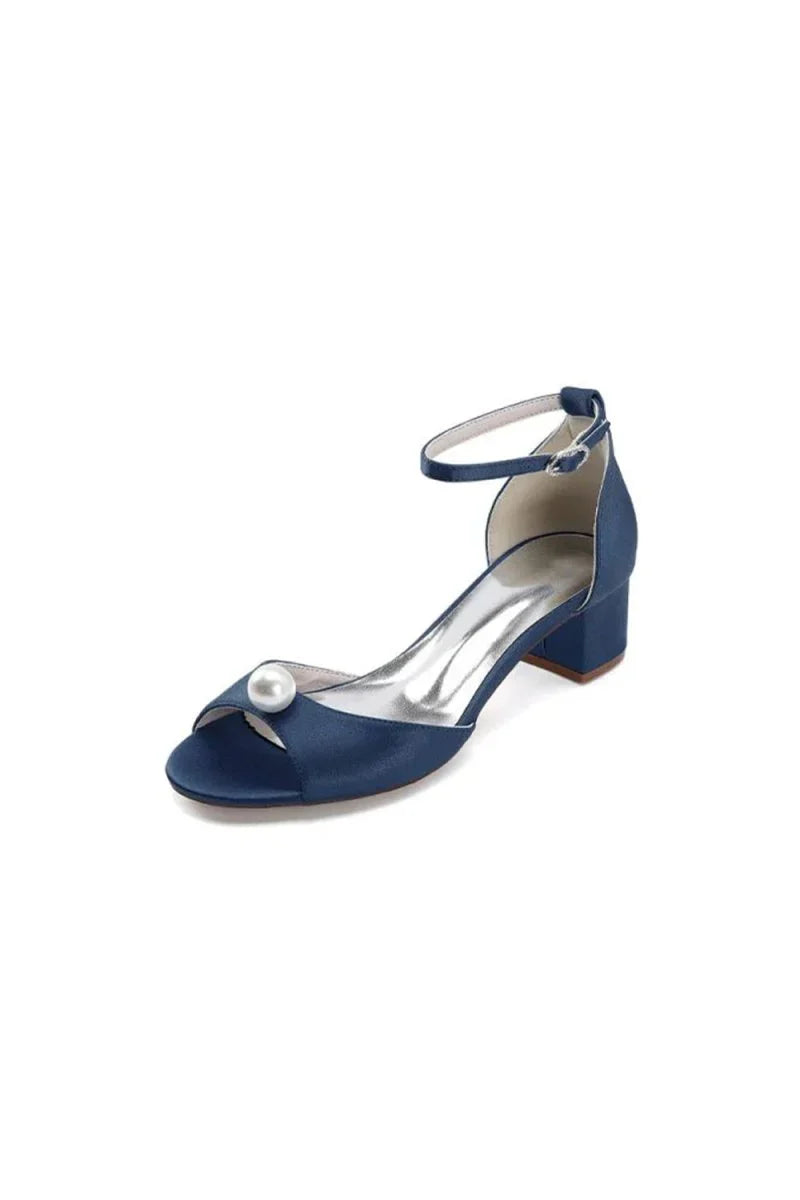Satin Low Heel Sandals with Pearl Accent and Ankle Strap
