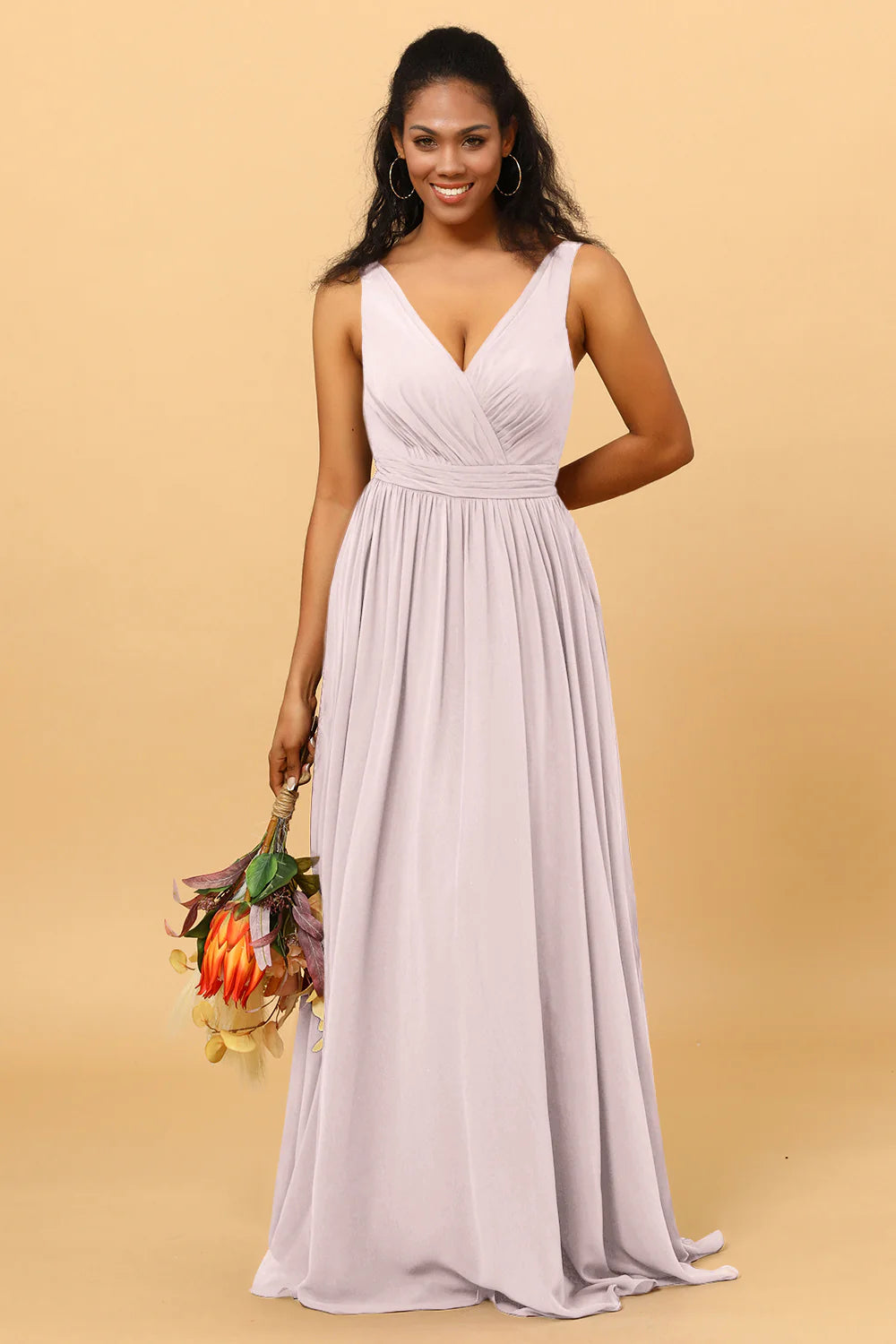 A Line V Neck Pleated Floor Length Long Chiffon Bridesmaid Dress