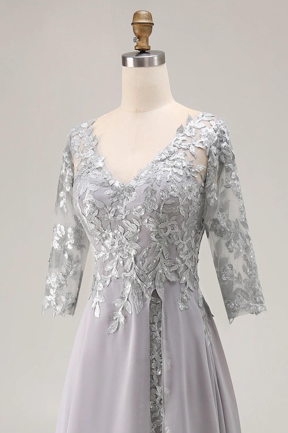 Silver Appliqued A Line V Neck Long Mother Of The Bride Dress with Lace Up Back