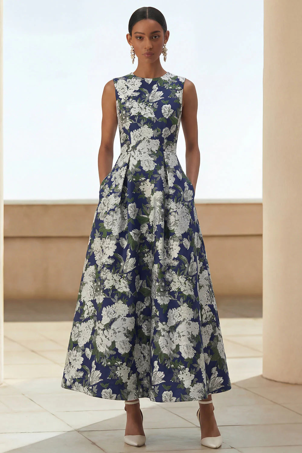 Navy Flower Round Neck A Line Midi Wedding Guest Dress with Pockets