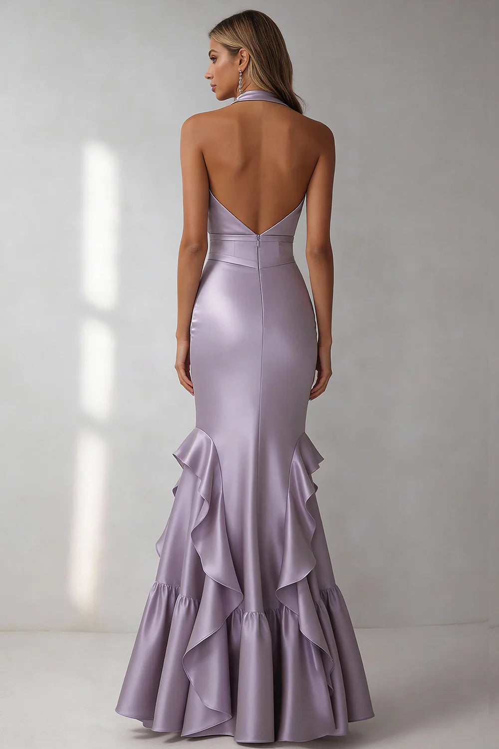 Lilac Halter Mermaid Ruffle V Neck Long Formal Dress