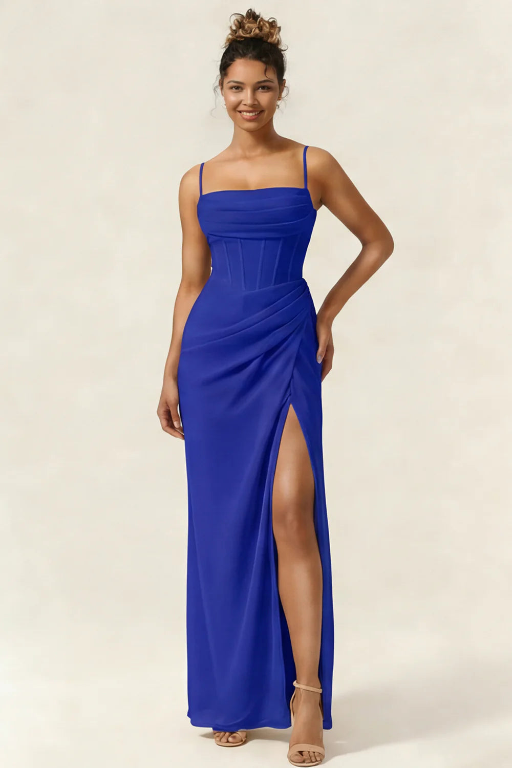 Green Flower Mermaid Corset Chiffon Long Bridesmaid Dress with Slit
