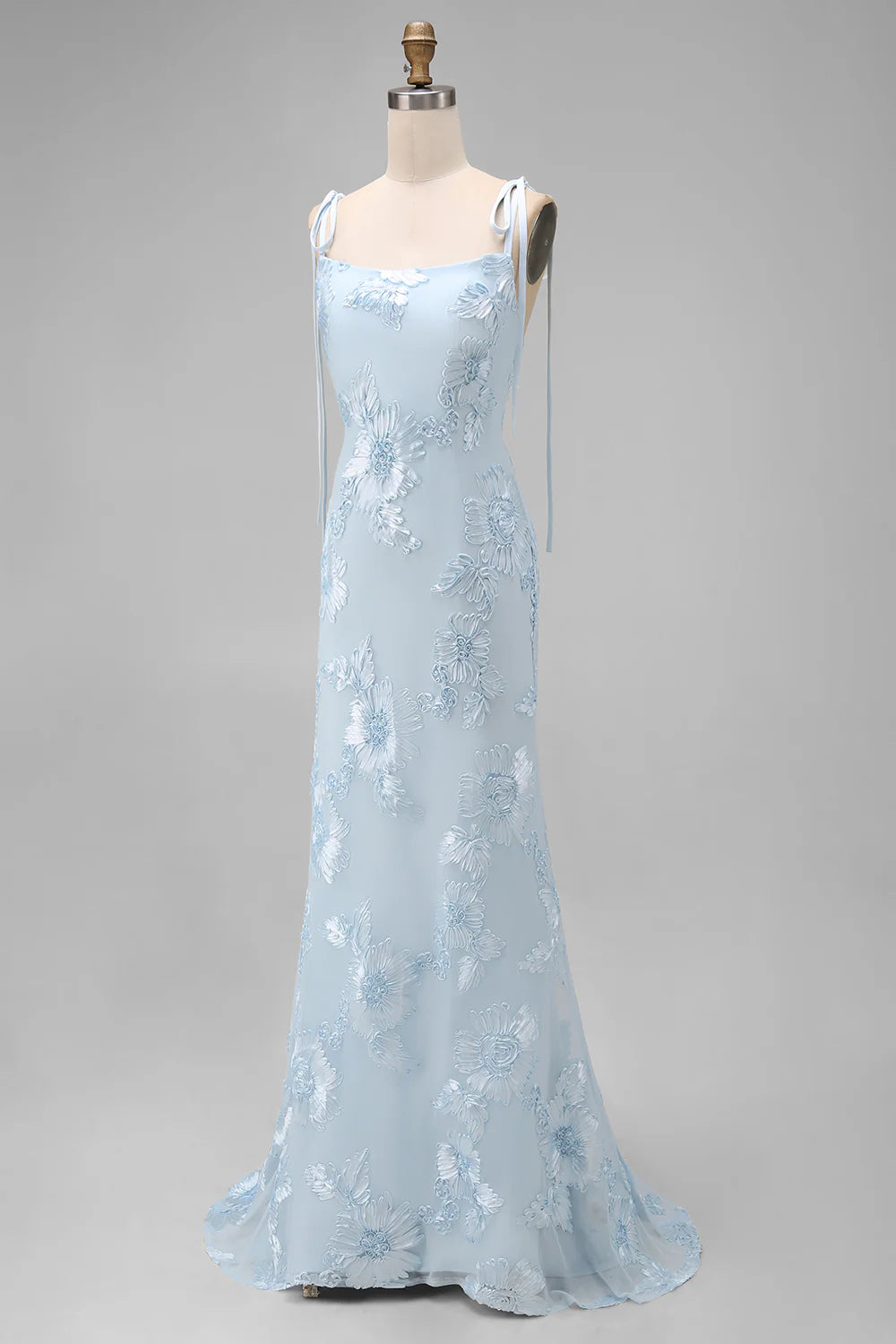 Light Blue Mermaid Spaghetti Straps Long Prom Dress with Appliques