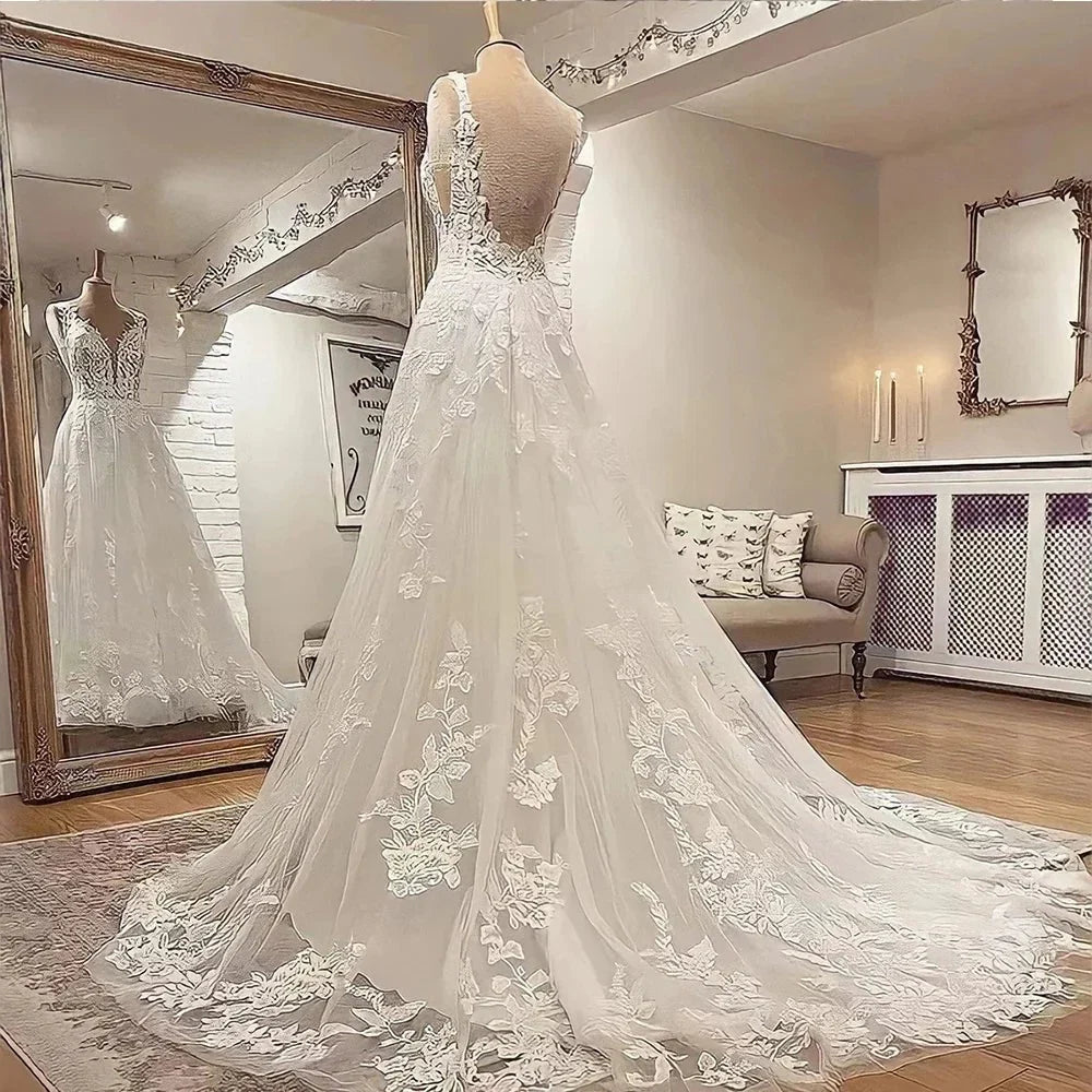 A Line Bohemian 3D Floral Backless Wedding Dress