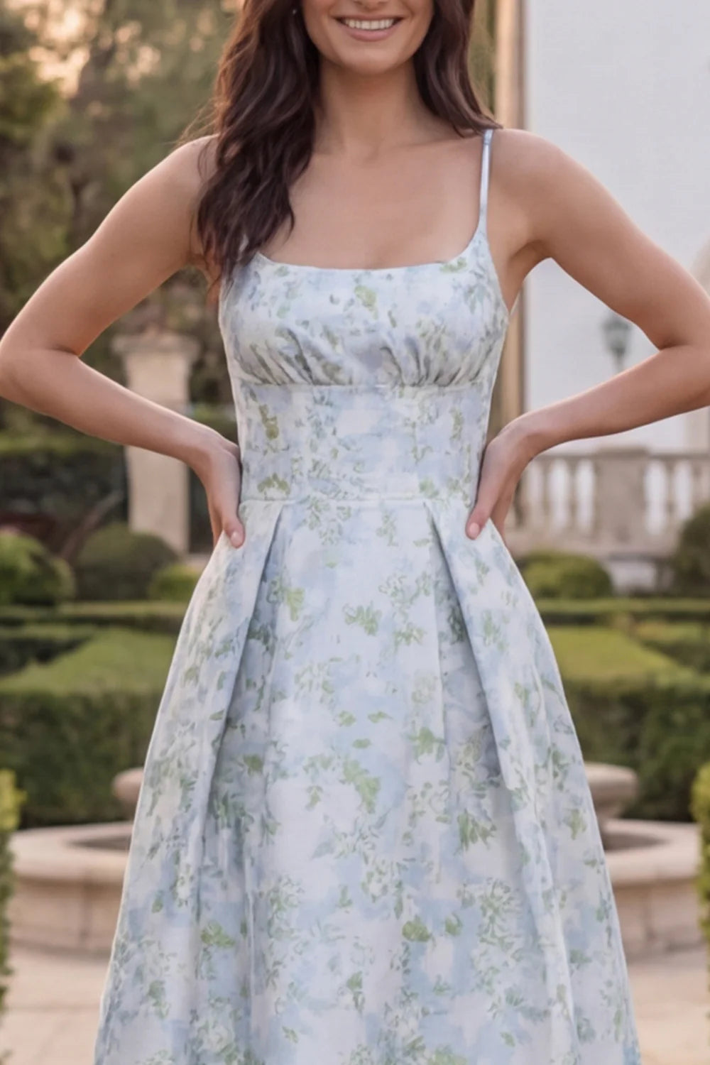 Blue White Flower A Line Square Neck Midi Wedding Guest Dress