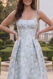 Blue White Flower A Line Square Neck Midi Wedding Guest Dress