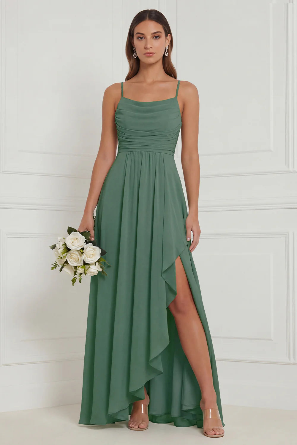 Sage Ruffle A Line Bridesmaid Dress with Slit