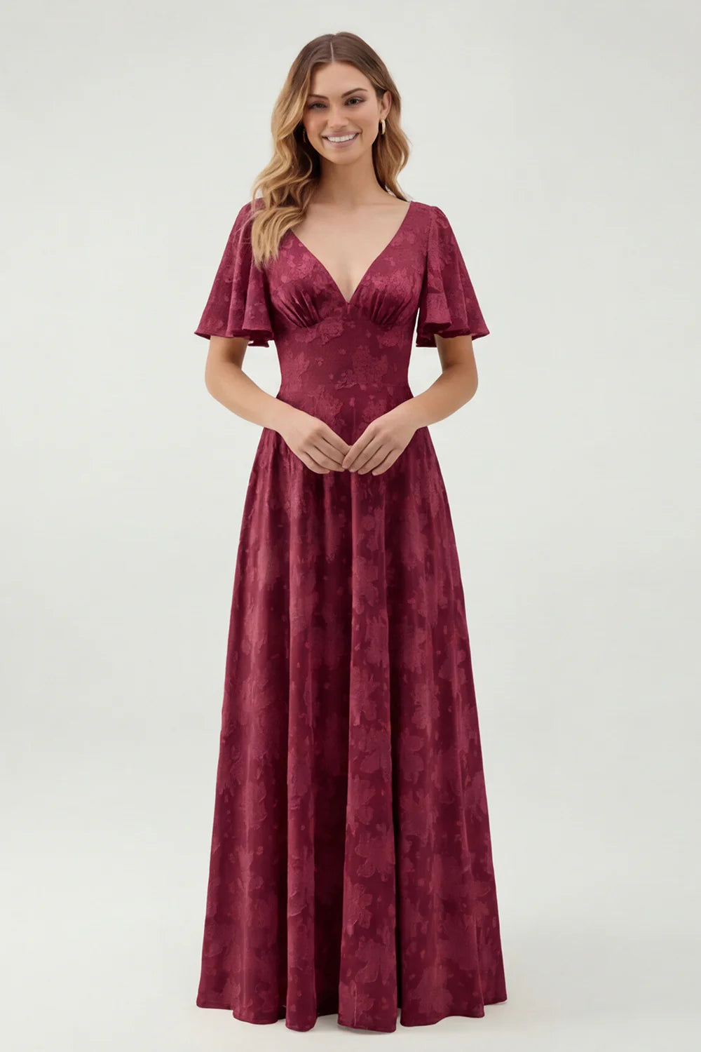 A Line Sage Green Floral Jacquard Flutter Sleeves Maxi Dress with Bow Back