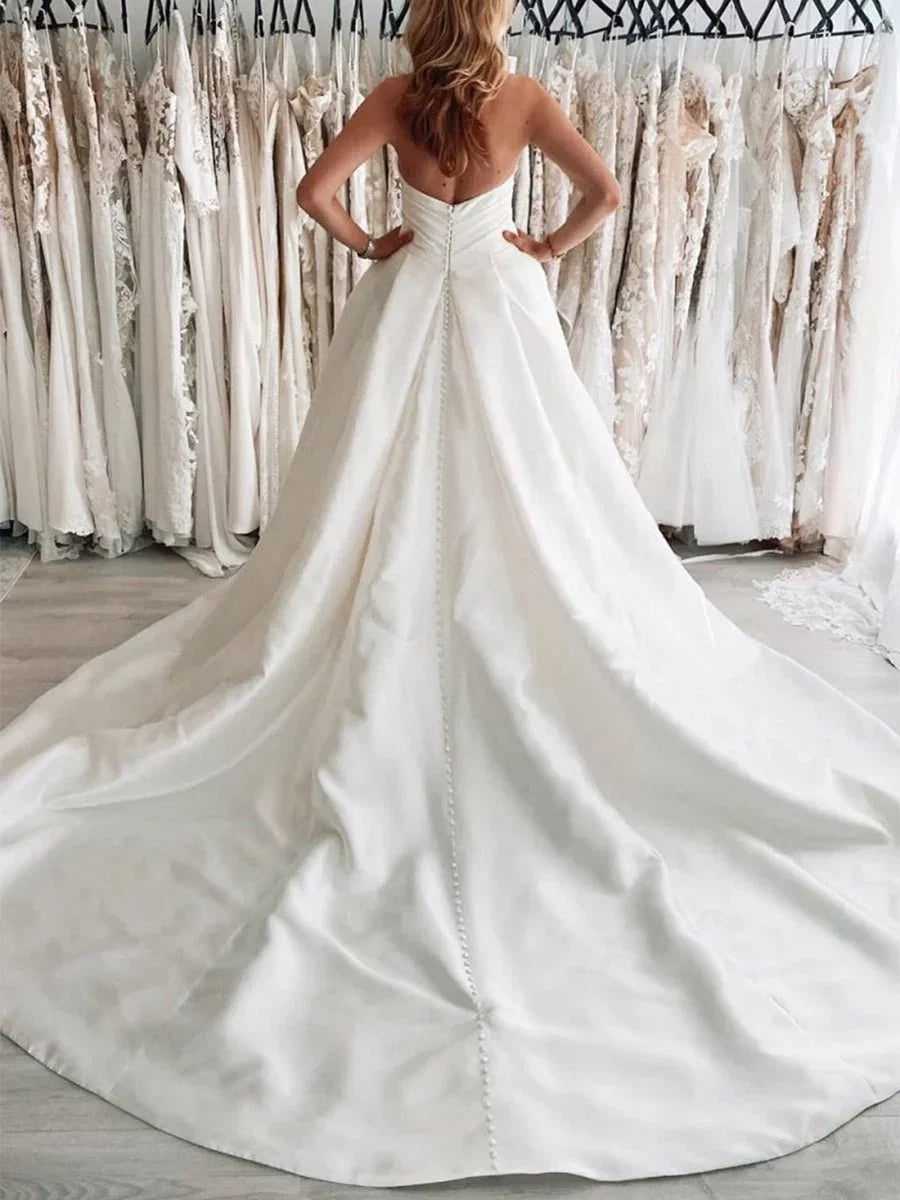 White Satin Long A Line Wedding Dress with Slit
