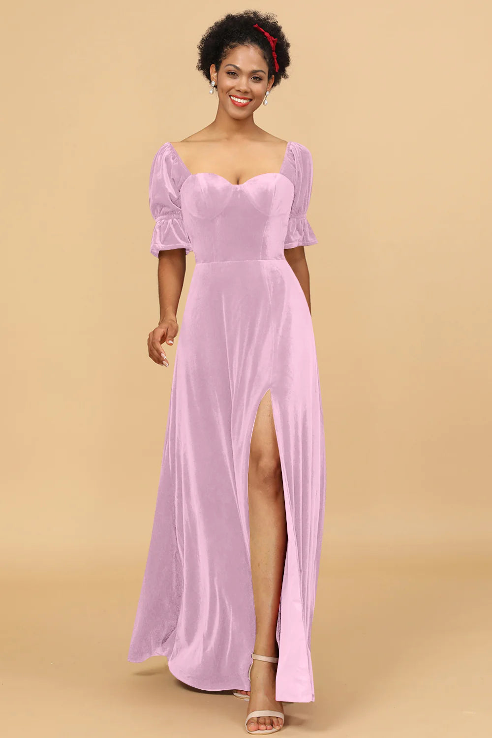 A Line Sweetheart Flare Sleeves Velvet Bridesmaid Dress with Slit