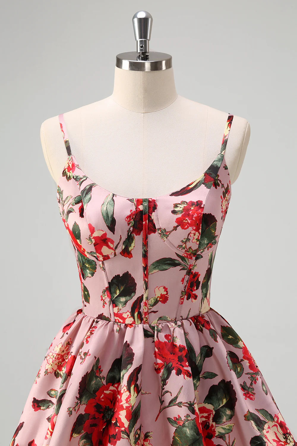 Floral Grey Pink A Line Spaghetti Straps Tiered Corset Prom Dress with Slit