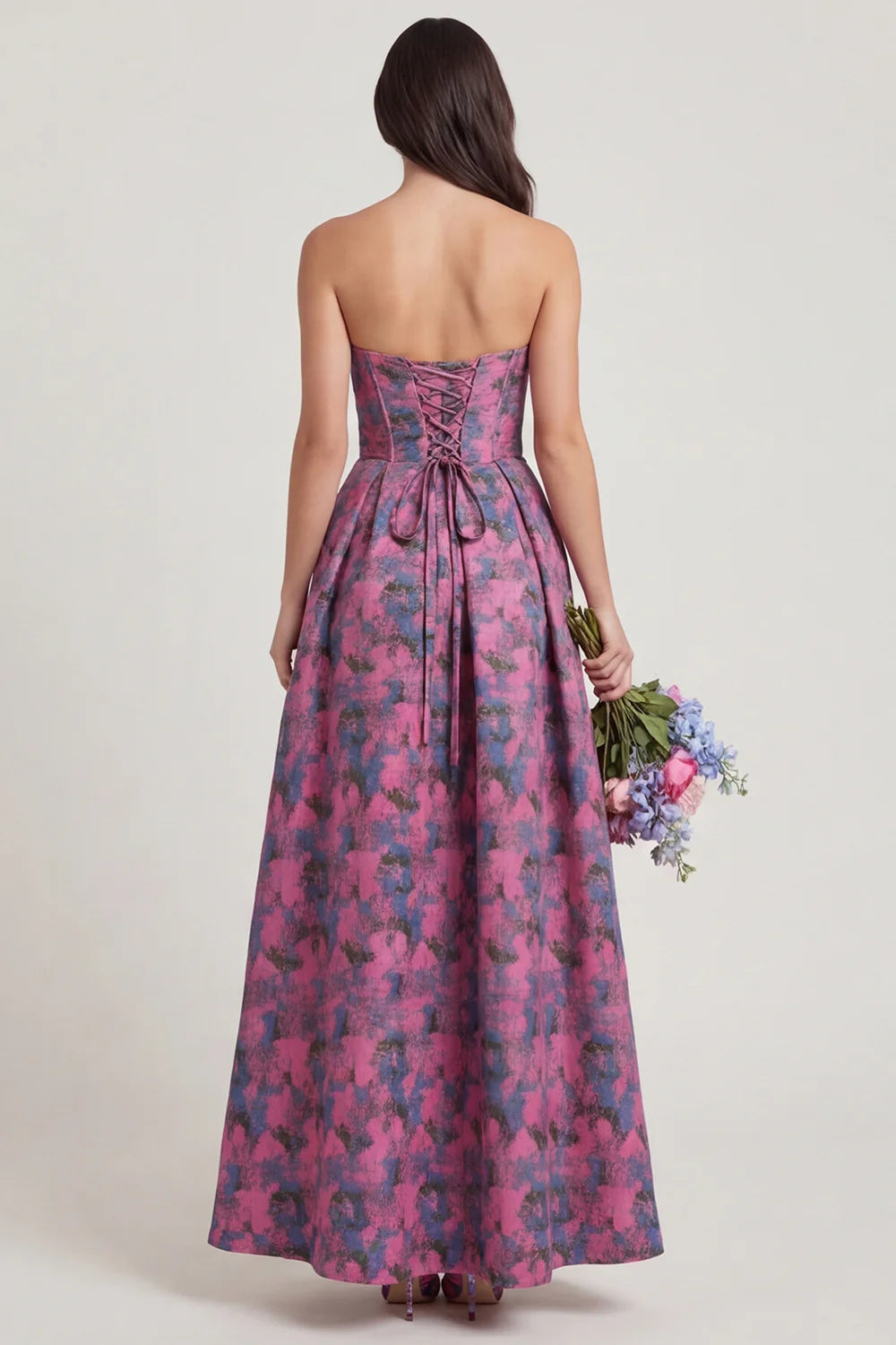 Fuchsia Strapless A Line Printed Corset Long Wedding Guest Dress